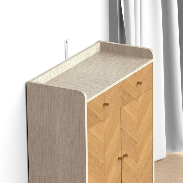 English Elm Shoe Cabinet 4-Tier with 2 Drawers and Doors, Herringbone MDF Top, Adjustable Shelves for Entryway Oak W3383P361253
