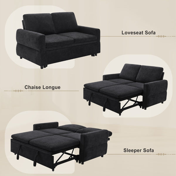 English Elm Convertible Chenille Sleeper Loveseat with Usb Ports and Reclining Backrest for Small Spaces Black N719P390439B