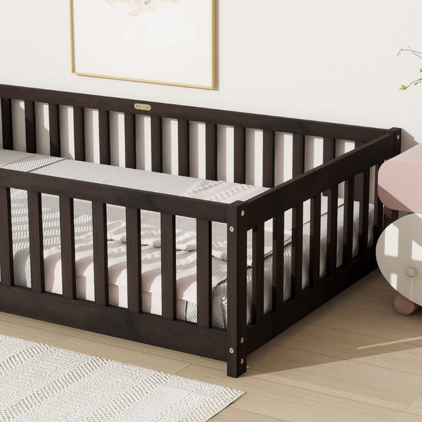 English Elm Twin Size Floor Bed With Safety Guardrails, Eco-Friendly Rubberwood Frame For Kids' Room Comfort W504P286398-GIGA