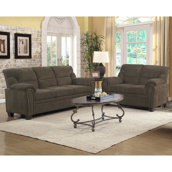 English Elm Conway Two-Piece Living Room Set in Multi-Tonal Brown Chenille with Nailhead Trim and Comfort Touchpoints B062S01145