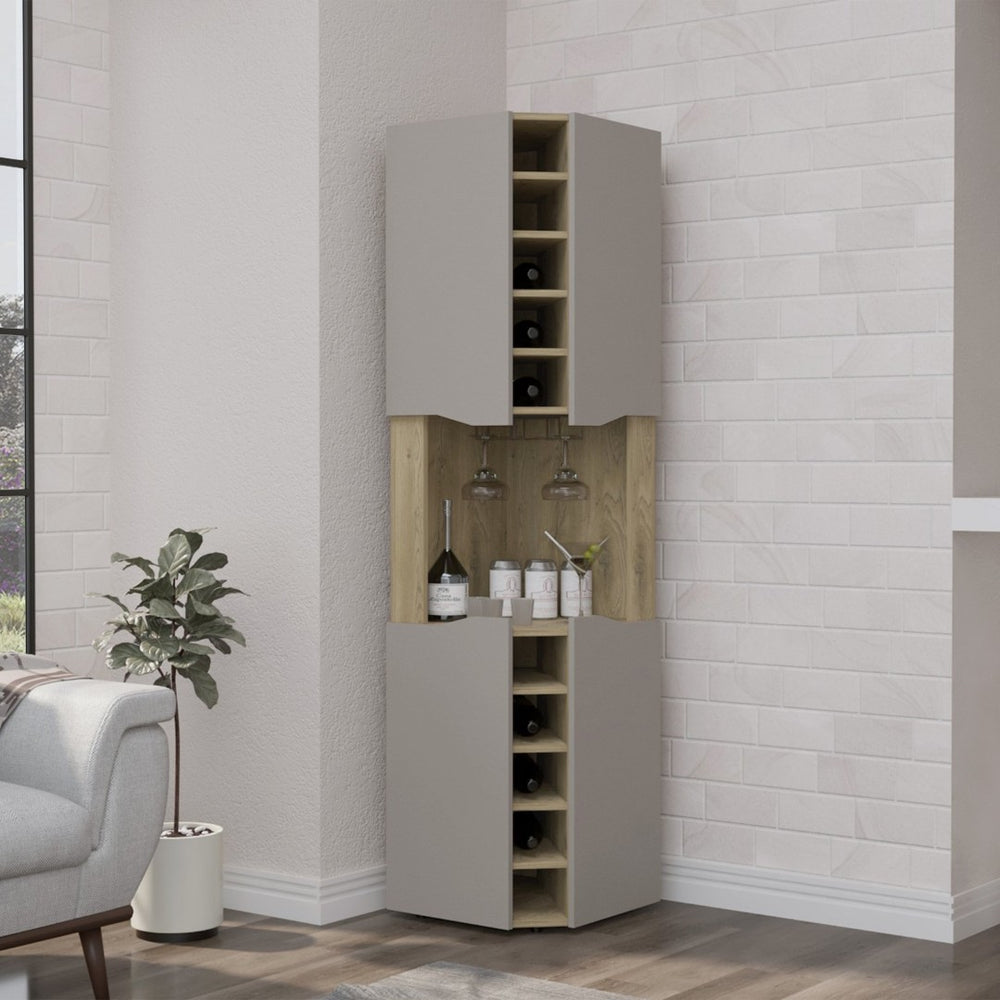 English Elm Obregon Corner Bar Cabinet with Ten Slot Wine Rack and Stemware Storage in Warm Neutral B200S00391
