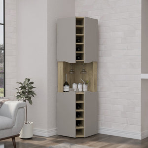 English Elm Obregon Corner Bar Cabinet with Ten Slot Wine Rack and Stemware Storage in Warm Neutral B200S00391