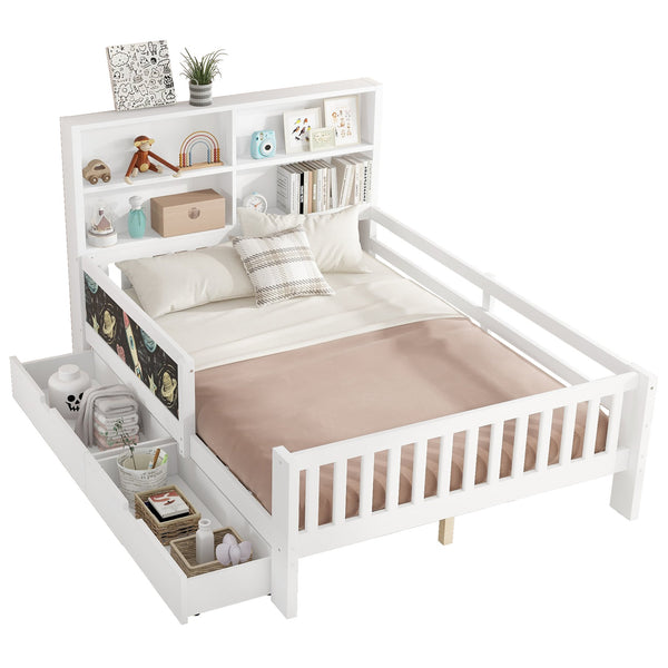 English Elm Full Solid Wood Platform Bed with Chalkboard Headboard, Storage Drawers & Shelves, Kid-Friendly White Off White W1580P362707