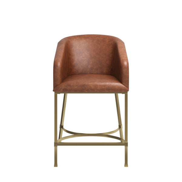 English Elm 26" Glam Counter Stool White Faux Leather Barrel Back Gold Steel Frame Kitchen Brown Pu B2751P436478