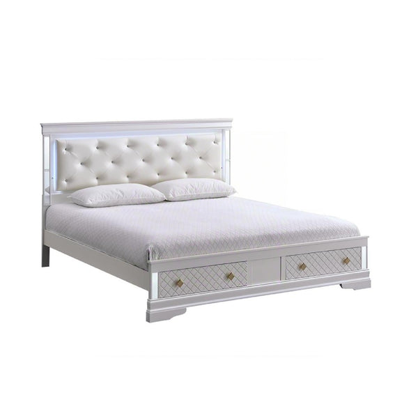 English Elm Verona King Bed With Jeweled Tufted Headboard, Led Lighting & Built-In Storage - Pearl White Elegance B078S00641-GIGA