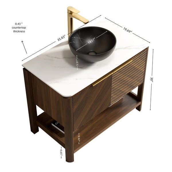 English Elm Dina Floating Bathroom Vanity Sintered Stone Top Glass Basin Striped Plywood Cabinet W2615S00726