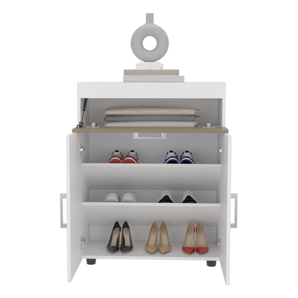 English Elm Belton Freestanding Shoe Cabinet with Double Doors & 12-Shelf Interior, White/Natural Oak Finish B200P335357