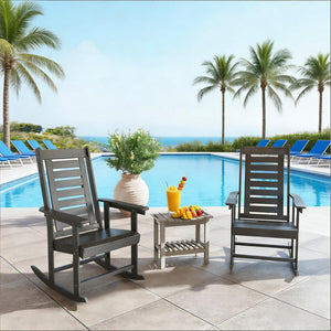 English Elm Black Hdpe Slatted High Back Rocking Chair Set for Porch Patio Deck Outdoor Use Dark Gray T3971P444244
