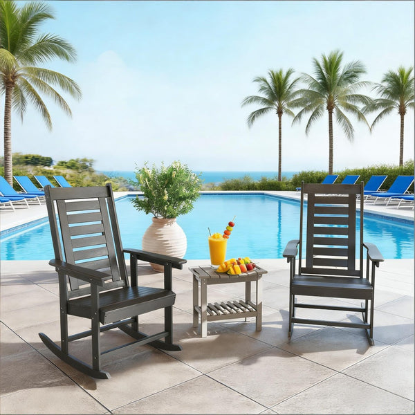 English Elm Black Hdpe Slatted High Back Rocking Chair Set for Porch Patio Deck Outdoor Use Dark Gray T3971P444244
