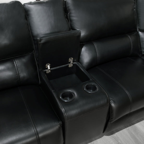 English Elm Saul Black Faux Leather Power Recliner Sectional with USB Ports, Cupholder Console & Storage - Sleek Comfort B2726S00121