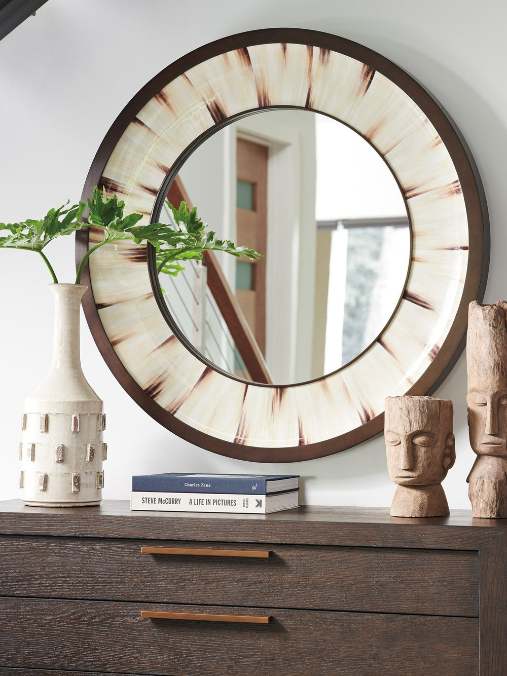 Lexington Barclay Butera Academy Round Mirror - Elegant Faux Horn Design With Radiating Style And Burnished Metal Accents Corniche  932-201