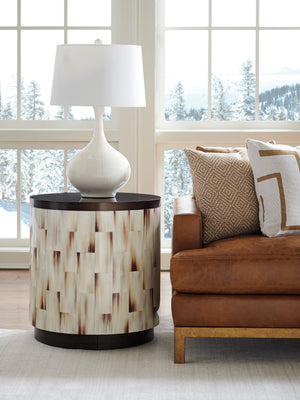 Lexington Barclay Butera Crescent Elegant Quartered White Oak Commode End Table With Burnished Bronze Metal Top & Faux Horn Design Corniche  932-953