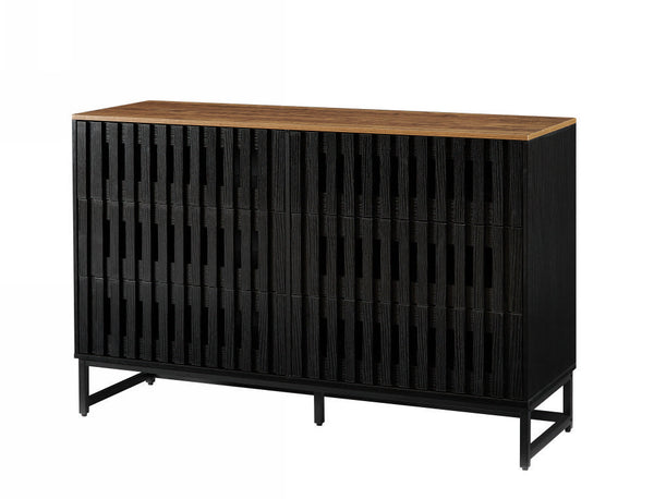 English Elm 6 Drawer Double Dresser Black Grille Striped Doors, Modern MDF & Metal Legs, Sturdy 6-Drawer Storage Elegance W578P193307