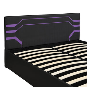 English Elm Modern Cyberpunk Queen Platform Bed Hydraulic Storage Pu Upholstered Gaming Frame Purple+Black SF000205AAI