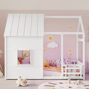 English Elm Twin House Frame Floor Bed Pinewood Build with Led Roofline Kids Bedroom White W697P435880