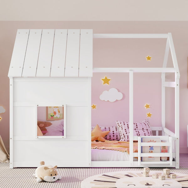 English Elm Twin House Frame Floor Bed Pinewood Build with Led Roofline Kids Bedroom White W697P435880