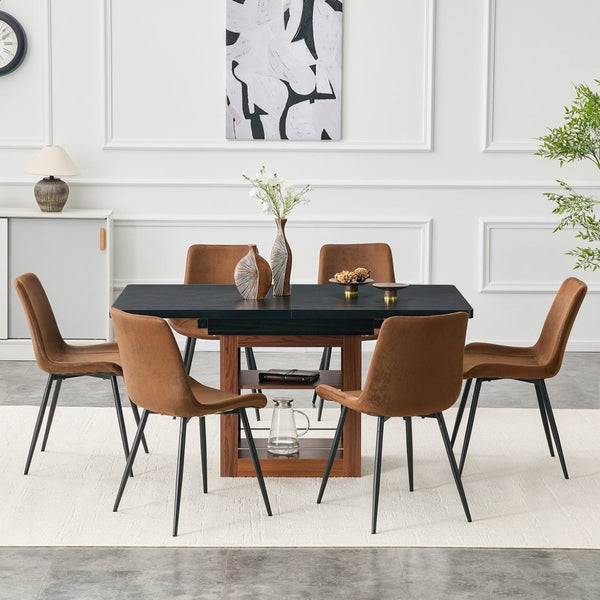 English Elm Expandable Dining Set Walnut Base Black Tabletop Six Brown Fabric Chairs Modern W1151S04697
