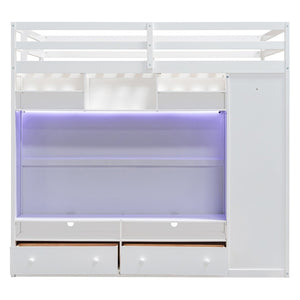 English Elm Full Size Loft Bed with Led Lighting Wardrobe Drawers and Shelves for Teen Rooms White LT000499AAK