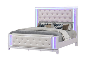 English Elm Opium Queen Bed with Tufted LED Headboard, Milky White Upholstery, Glam Hollywood Style, Durable Build B009S01014