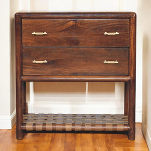 English Elm Regency Chestnut Mango Wood 2-Drawer Nightstand with Woven Shelf, Brass Handles, Solid Wood Build B182P284349