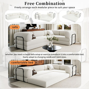 English Elm U_style Modular Corduroy Sectional Sofa Converts to Guest Bed for Apartment Living Beige WY000463AAA