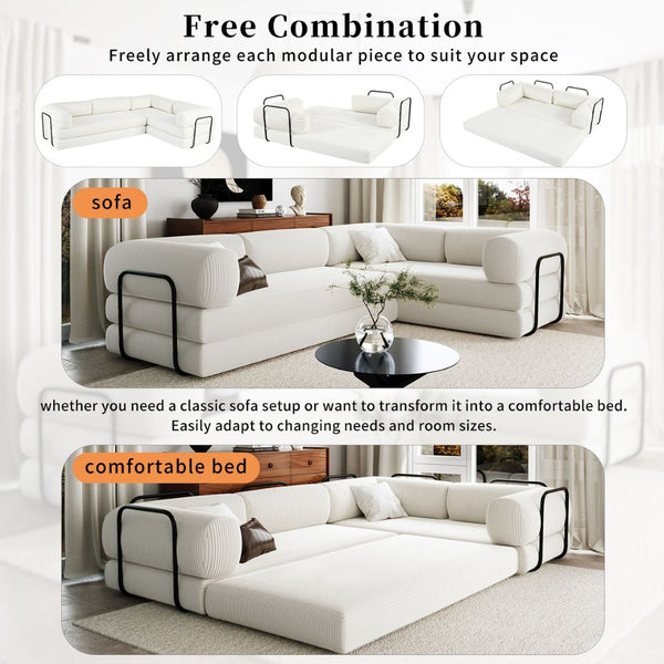 English Elm U_style Modular Corduroy Sectional Sofa Converts to Guest Bed for Apartment Living Beige WY000463AAA