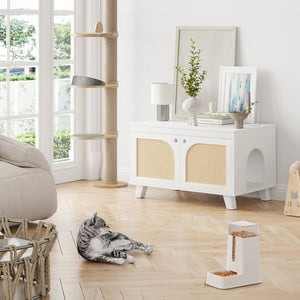 English Elm Flip Top Hidden Cat Litter Box Enclosure with Rattan Doors, Flip-Top Access, Odor Control, Stylish Table Ready White T3623P354972