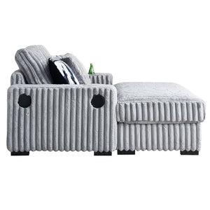 English Elm 61.42Inch Square Arm Loveseat With Ottoman Upholstered Velvet, Bluetooth Speaker, Wireless Charger, USB Ports, Cup Holder, Cozy Channeling Design LIGHT GREY W579S00020