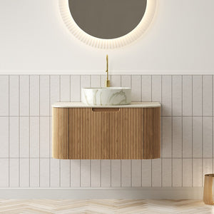 English Elm Muri Floating Bathroom Vanity Plywood Cabinet Sintered Stone Top Oak Drawer Beige,Natural Wood,White W2615S00508