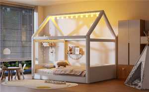 English Elm Full Size Upholstered House Daybed With Led Lighting, Cozy Beige Corduroy For Kids & Guests N7500001335A