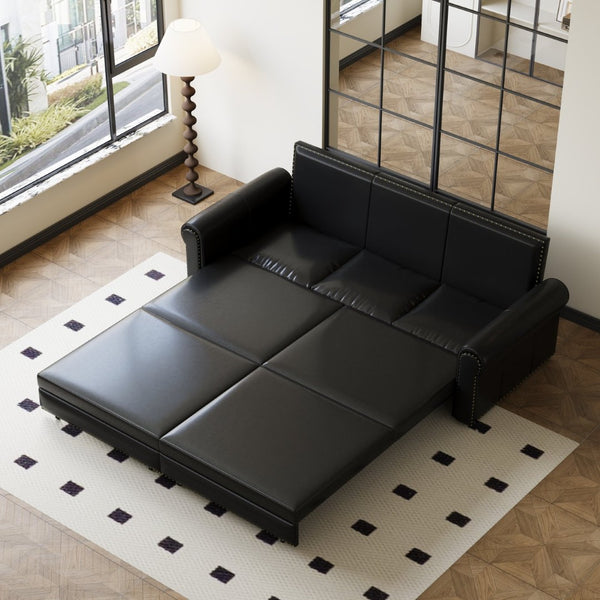 English Elm Chesterfield Velvet King Sleeper Sofa with Nailhead Trim and Rolled Arms for Living Room Black W1885S00358