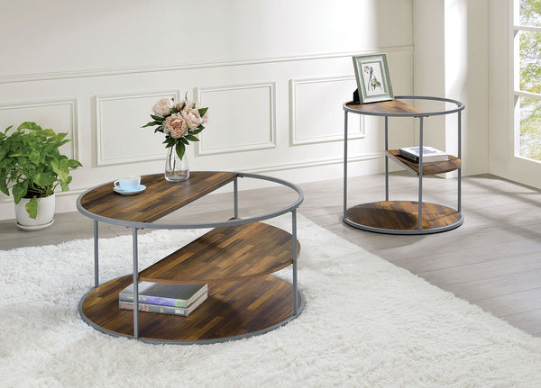 English Elm Unique Orrin Industrial Half Shelf End Table 24"D x 24"H Gray & Walnut Veneer, Powder-Coated Frame B2741P359579