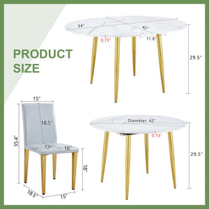 English Elm Table and Chair Set Extendable Round Mdf Top Gold Legs Four Pu Dining Seats Light Gray,White+Gold W1151S04831