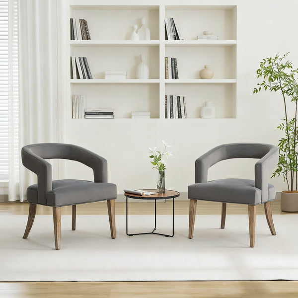 English Elm 25.79" Velvet Barrel Accent Chairs with Open Round Back and Weathered Wood Legs Set of 2 W3118S00043