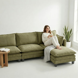 English Elm Modern Chenille Three Seat Sofa with Ottoman Usb Charging Ports and Storage Pockets Green W2519S00005