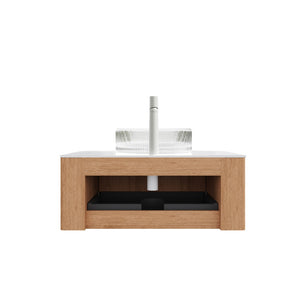 English Elm Dina Floating Bathroom Vanity Sintered Stone Top Glass Basin Striped Plywood Cabinet W2615S00237
