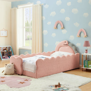 English Elm Twin Dinosaur Boucle Upholstered Kids Bed Solid Wood Frame with Padded Safety Rails Pink W1413P384917
