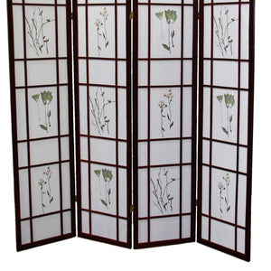 English Elm 70" Tall 4-Panel Shoji Room Divider Screen In Rich Cherry Finish With Elegant Floral Design B072115969