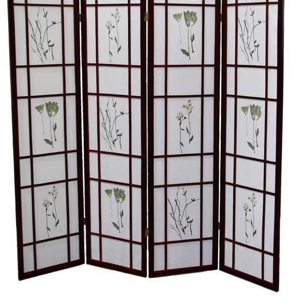 English Elm 70" Tall 4-Panel Shoji Room Divider Screen In Rich Cherry Finish With Elegant Floral Design B072115969