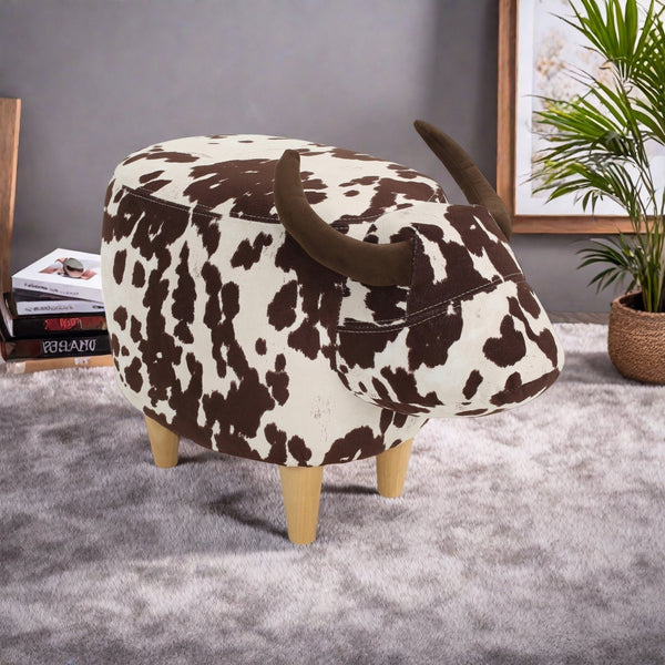 English Elm Christopher Knight Home® - Animal Cow Ottoman with Velvet Horns and Birch Legs — Whimsical Fabric Footstool for Cozy Décor Brown+White 61391.00