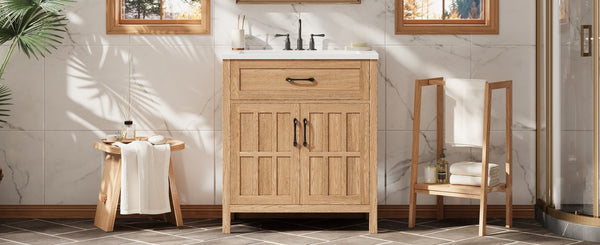 English Elm 30" Solid Pine Bathroom Vanity with Resin Sink Soft Close Doors and Natural Grain Finish N710P405952P