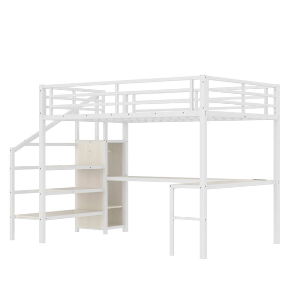 English Elm Queen Size Loft Bed With L-Shaped Desk, Usb Charging & Led Lights - Stylish Storage For All Spaces W1580S00181-GIGA