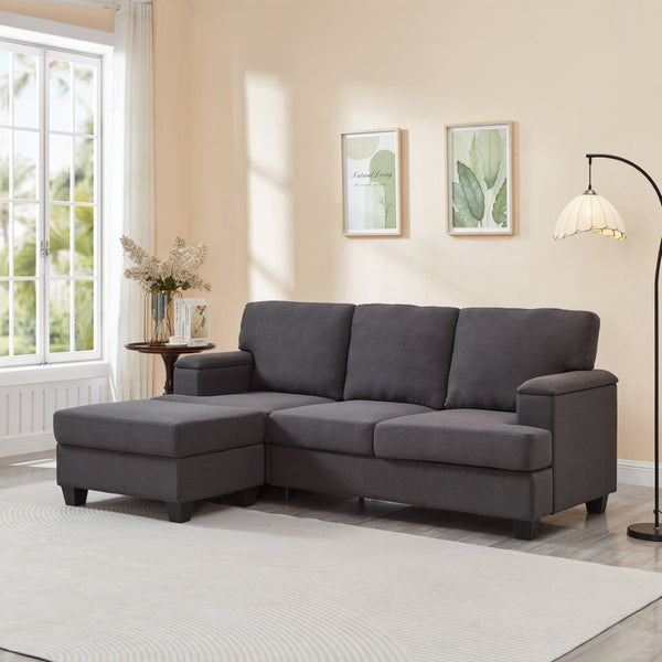 English Elm 86" Linen Sectional Sofa with Storage Ottoman Reversible Chaise for Small Spaces Dark Gray W1669S00038
