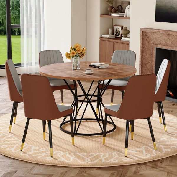 English Elm Table and Chair Set Round Walnut Mdf Dining with Six Two-tone Pu Seats Gold Legs Brown,Light Gray,Walnut+Black W1151S04842