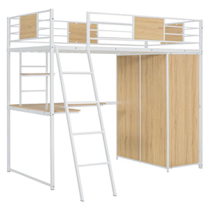 English Elm Twin Loft Bed with L-Shaped Desk and Wardrobe — Space-Saving Iron & Wood Design for Study & Storage White SF000168AAK
