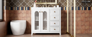 English Elm 36.02-inch white bathroom vanity with ceramic basin, gold round handles, soft-close doors & drawers N729P184710K
