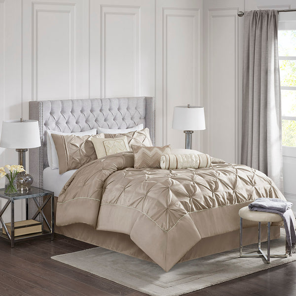 JLA Home Madison Park - 7 Tufted Comforter Set with Luxe Pieced Texture, Soft-Tone Elegance & Easy-Care Polyester for Cozy Layered Bedrooms Taupe MP10-251