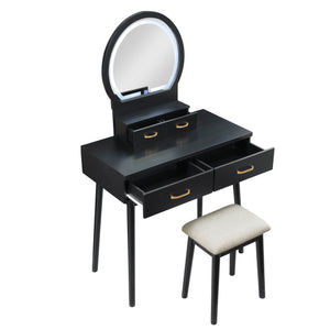 English Elm Beautiful LED Vanity Dresser with Touch Mirror and Padded Stool, Luxe Wood Finish, Brass Pulls, Storage Black 33.75 L x 21.75 W x 13.25 H B011P347325