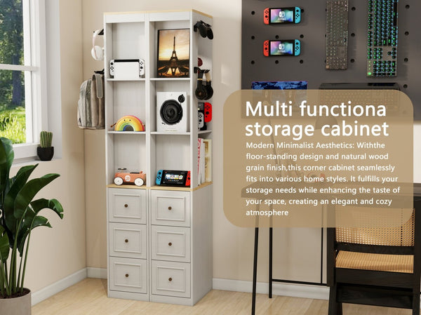 English Elm 73" Slim Tower Cabinet Antique White Mdf with Drawers Hooks and Display Shelves W1120P327084