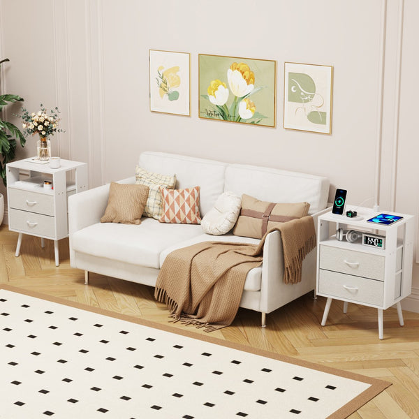 English Elm 2 Pack Modern Nightstand With Charging Station & Led Light - Stylish Fabric Drawers For Storage W1550P272169